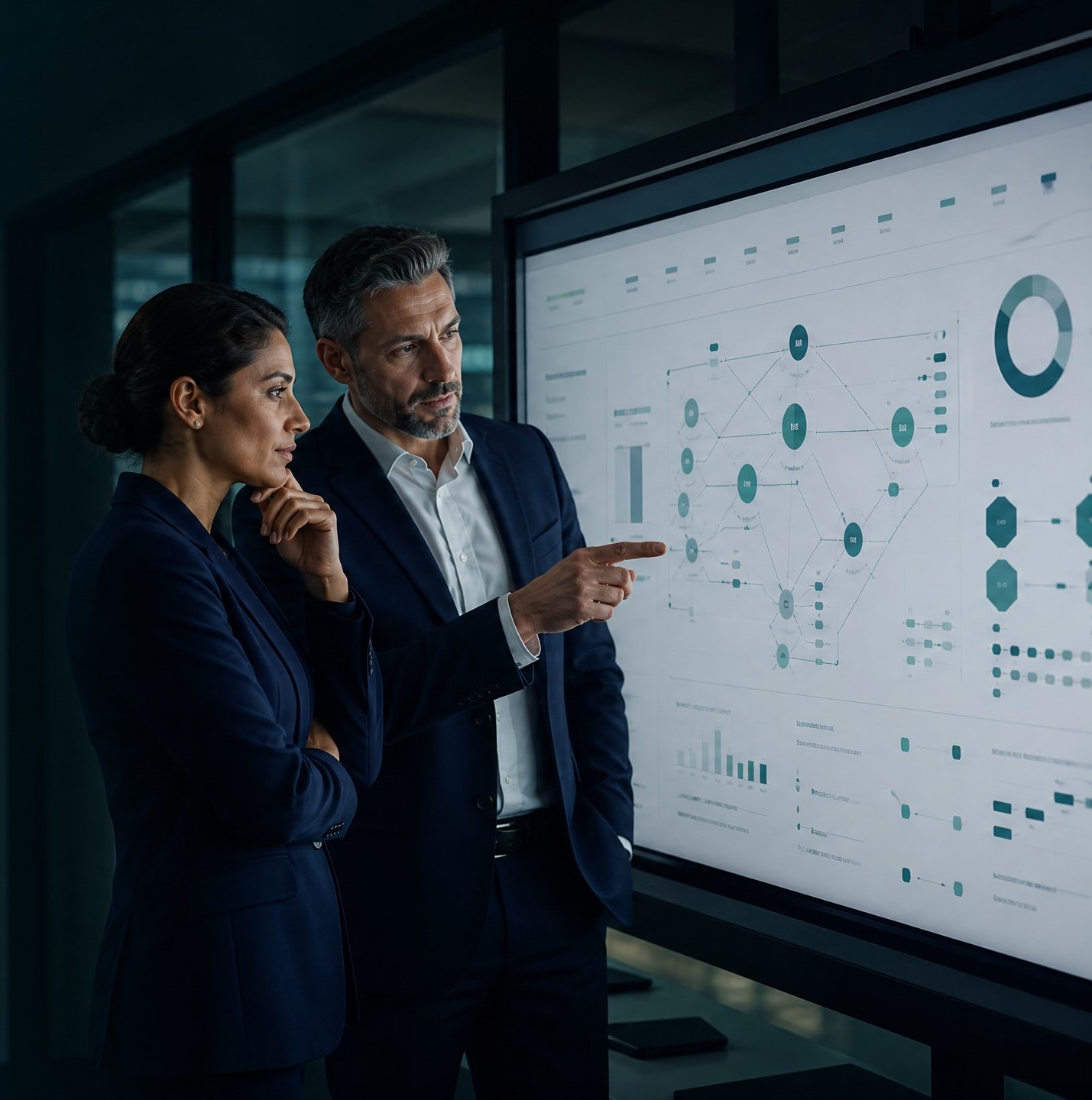 Two executives reviewing a governance assurance dashboard